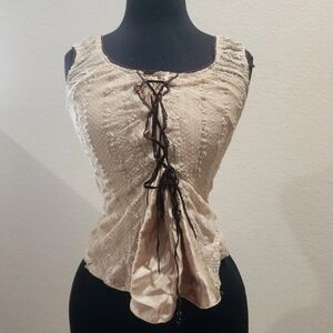 BEAU BOIS Chic Lace-Up Brown Beige Women's Blouse Size Small